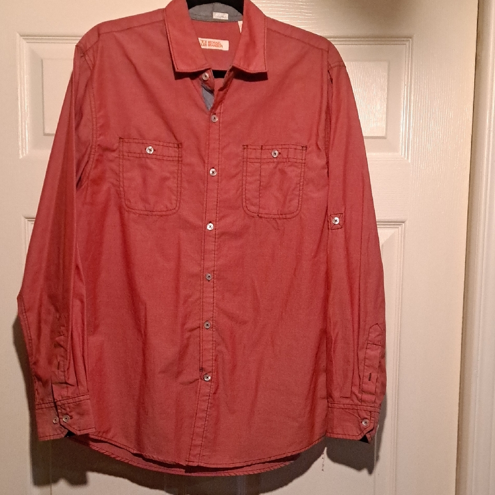 ⛩️Michael Brandon Men's Brick-Red Long-Sleeve Button-Down Dress Shirt
